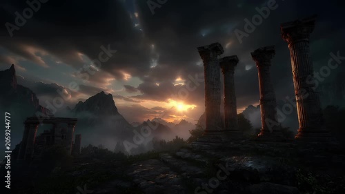 Lost ancient civilization archeology fantasy. A vivid portrayal of an ancient temple ruins at sunset. The temple consists of four tall, slender columns with intricate carvings and a central pediment.