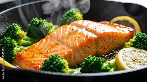 Cooked salmon fillet with broccoli and lemon slices.
