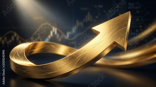 Golden arrow pointing up rises in loop with metallic texture over dark financial chart background representing stock market success and economic growth