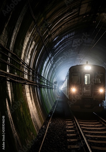 Modern Train Emerging from Underground Tunnel at Night.