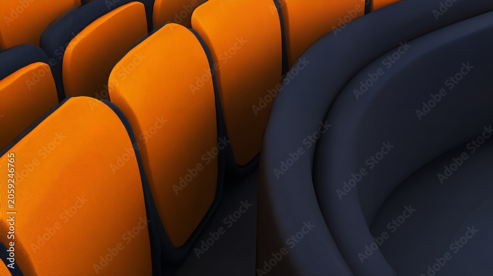 Obraz premium Close Up of Empty Modern Stadium Seating with Bright Orange Chairs and Dark Navy Blue Curved Architecture