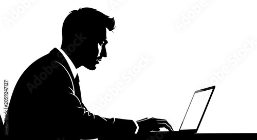 Silhouette businessman working laptop computer professional corporate technology office worker typing