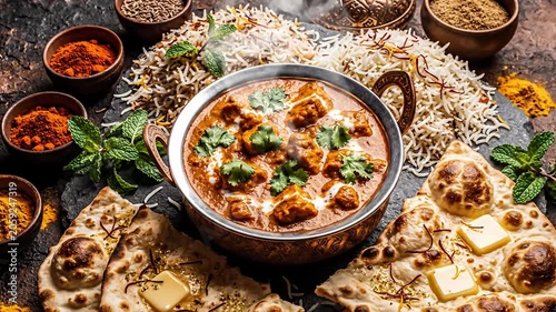 Indian chicken curry with basmati rice and buttered naan