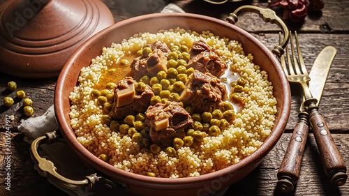 Moroccan Lamb Couscous with Peas in Clay Tajine Pot