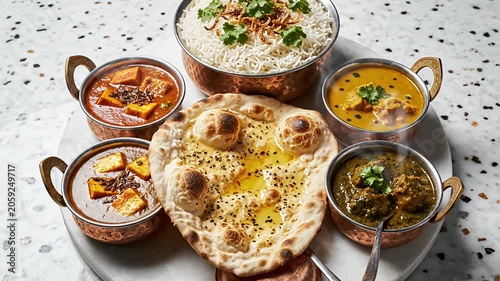 Traditional Indian thali with curries naan and rice platter.
