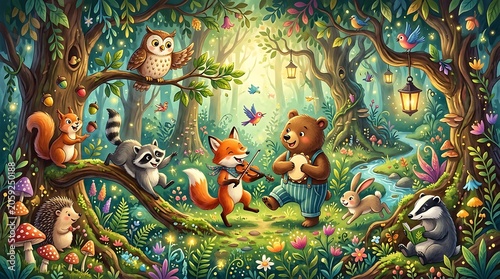 Whimsical woodland animals playing music in a magical forest