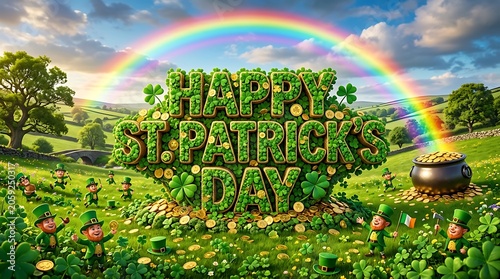 Happy st patricks day greeting with leprechauns and pot of gold