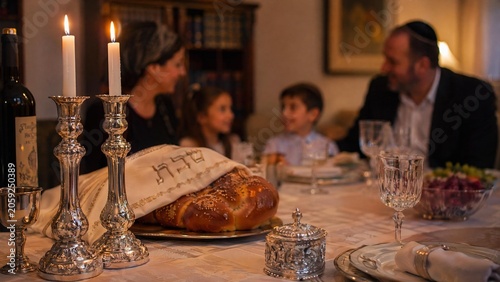 sabbath. A Jewish family's Sabbath table with traditional silver candlesticks and warm candlelight. event programs, museum guides, designed for cultural heritage projects and event programs.