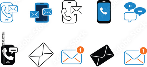 Contact communication vector icons set featuring smartphone call envelope mail notifications and chat speech bubbles