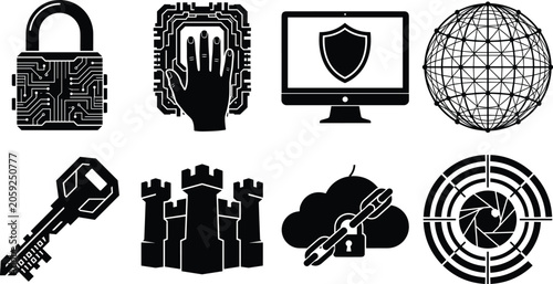 Cyber security and data protection vector icons set featuring biometric scanning digital padlock key and cloud safety