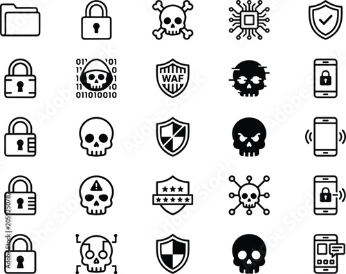 Cyber security and hacking black icons set featuring padlocks skulls shields smartphone and malware protection symbols
