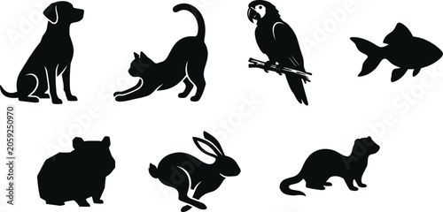 Domestic pets black silhouette icons set featuring dog cat parrot goldfish rabbit hamster and ferret