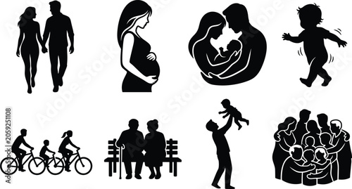 Family silhouettes vector set featuring pregnancy newborn baby multi generation group and childhood life stages