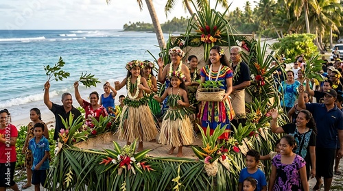 People celebrating traditional festival on a parade float by the sea