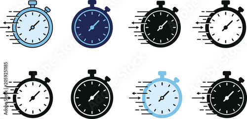 Fast speed stopwatch icons vector set featuring quick countdown timers with motion motion lines for express delivery
