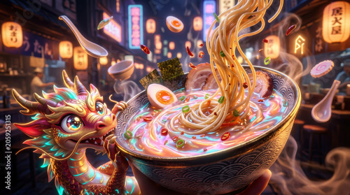 Red Golden Dragon Eating Soup in Japanese Restaurant