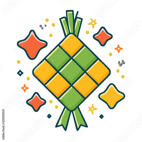 Colorful Ketupat Rice Cake Illustration with Decorative Elements