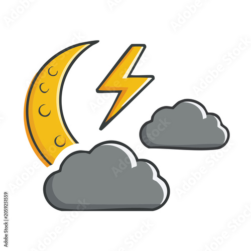 Crescent Moon and Lightning Bolt with Clouds Illustration