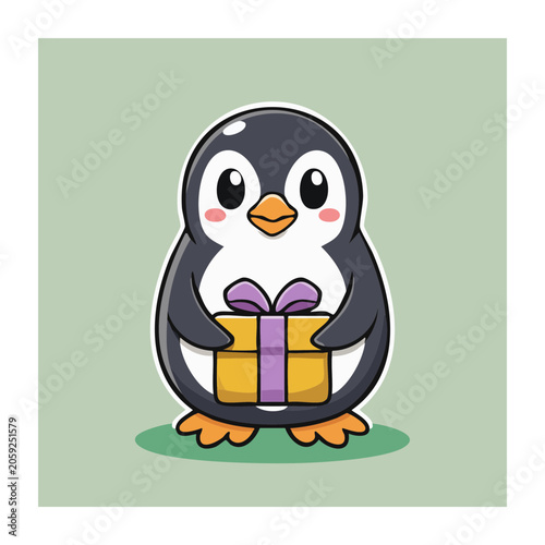 Cute cartoon penguin holding a gift box