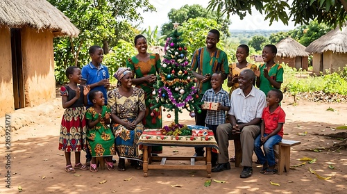 Happy african family celebrating christmas in a rural village