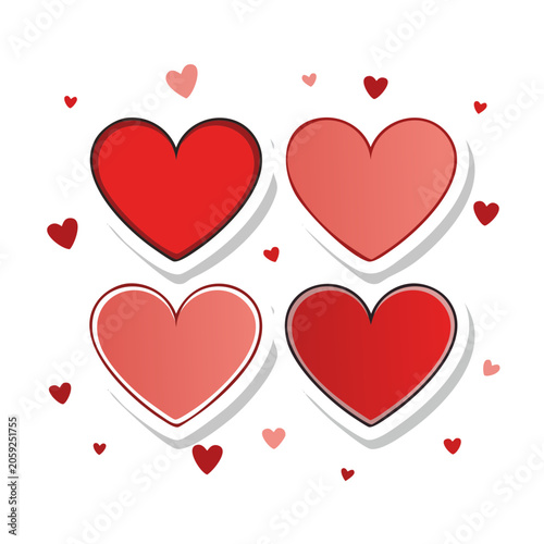 Four Red and Pink Hearts in Flat Design