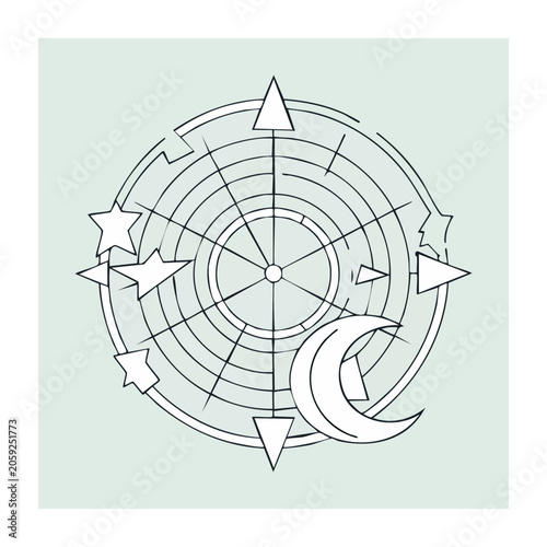 Line art compass rose with moon and stars