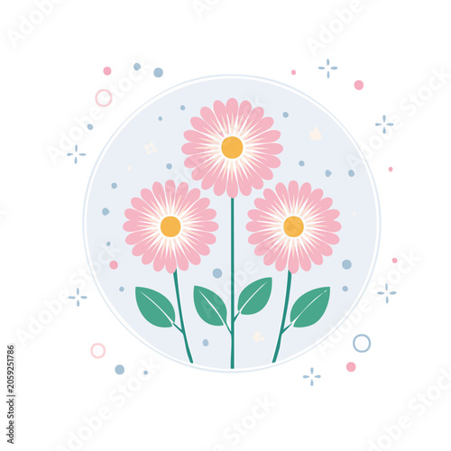 Pink Daisies in Circular Frame Flat Illustration