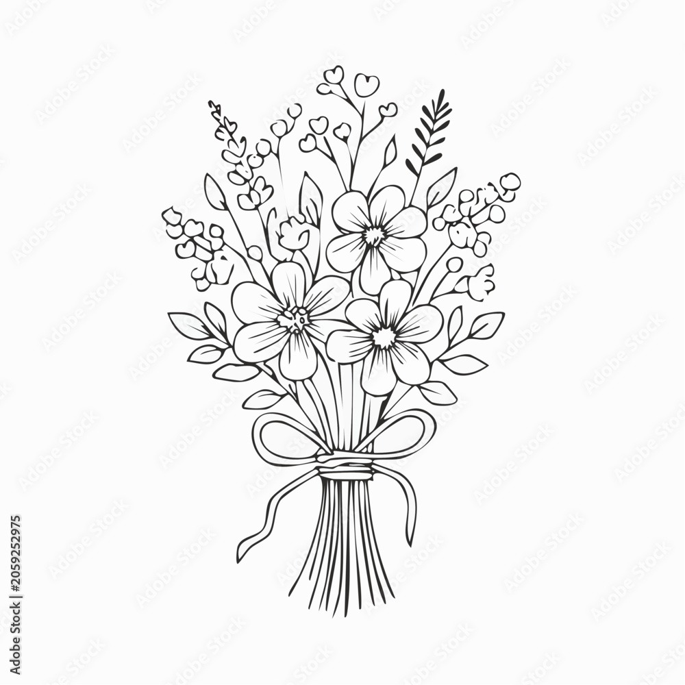 Obraz premium Hand drawn bouquet of spring flowers with ribbon bow isolated line art illustration botanical illustration decoration ornament monochrome