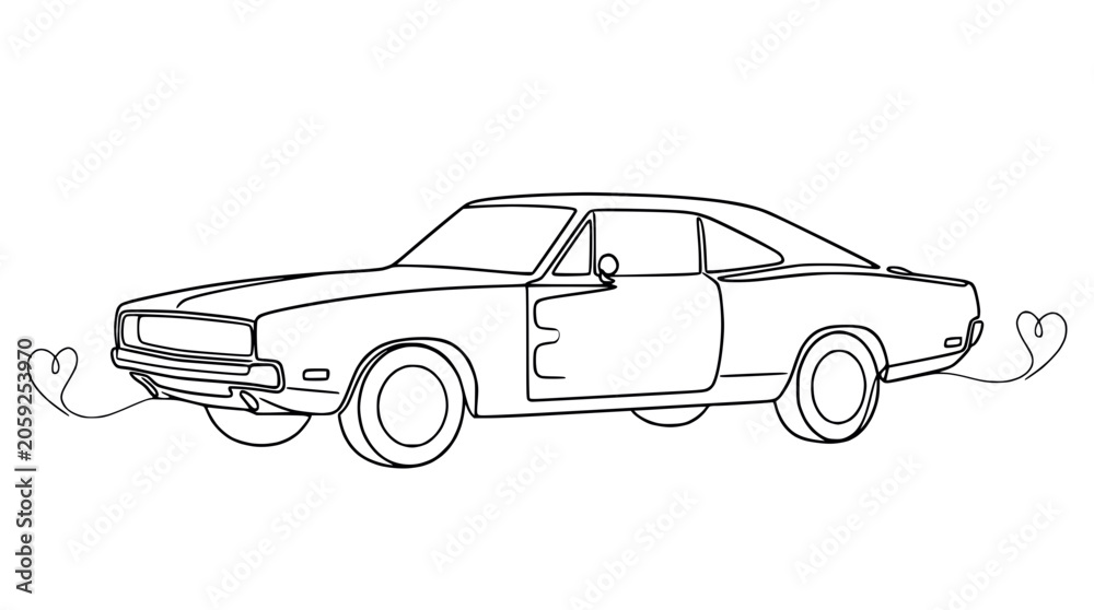 Fototapeta premium Classic American Muscle Car Outline with Heart Tail Streamers