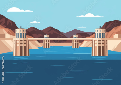 Flat vector illustration of the Hoover Dam intake towers on Lake Mead with a visible white bathtub ring indicating low water levels, set against desert mountains and a clear sky.