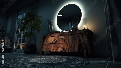 Dark, richly textured wooden furniture piece illuminates a modern room with soft, circular lighting.