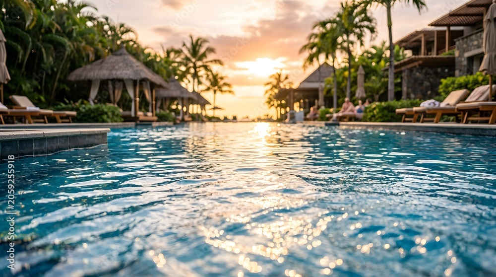 Fototapeta premium Clear blue water surface with blurred palm trees and sun umbrellas in the background during golden hour