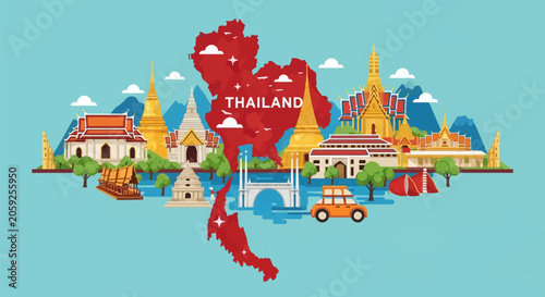Flat vector illustration featuring a red map of Thailand surrounded by iconic landmarks like the Grand Palace, Wat Arun, traditional temples, a tuk-tuk, and long-tail boat icons on blue.