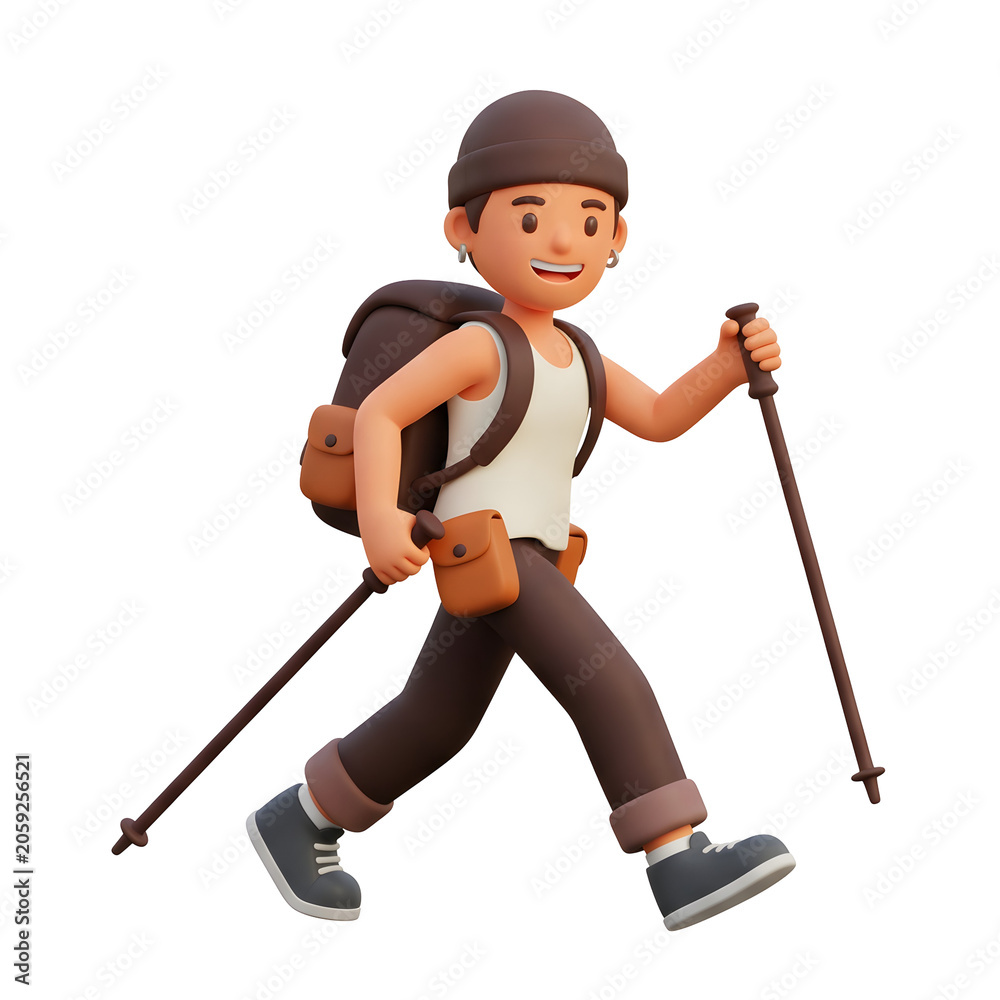 Fototapeta premium 3D Cartoon Hiker with Backpack and Walking Stick