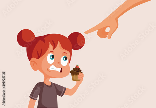 Tableau sur toile Scared Little Girl Caught Eating Dessert Secretly Vector Illustration