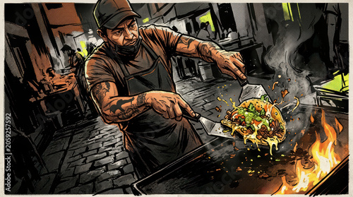 Chef stir-frying seafood in large wok over open flame