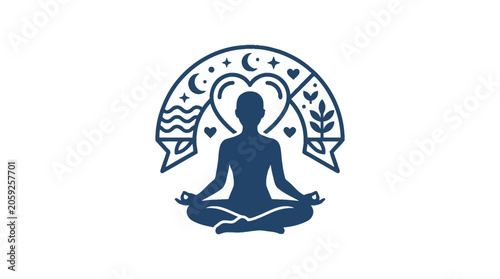 Photography Minimalist logo illustration of a person meditating in lotus pose with spiritual symbols