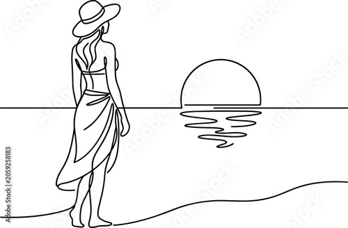 Continuous line art of a woman wearing a sun hat and sarong on the beach.