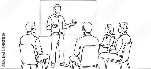 Continuous line drawing of a business presentation meeting.