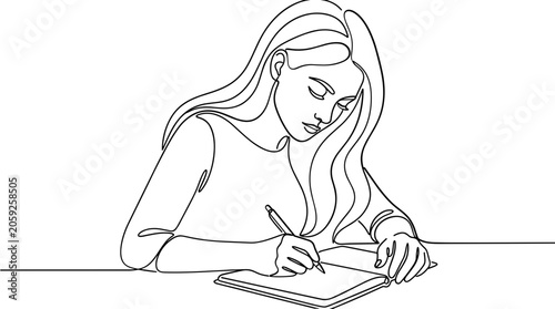 Continuous line drawing of a woman writing in a notebook.