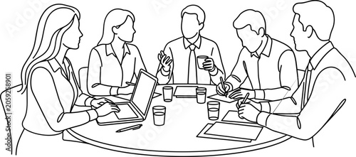 Fotografie A line art illustration of a professional business team engaged in a collaborative meeting around a round table
