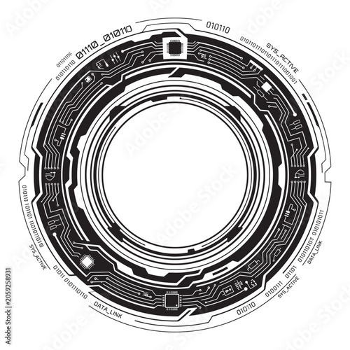 High tech abstract circular frame silhouette cybernetic interface ring electronic circuit board elements