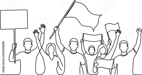 Tablou pe pânză Continuous line drawing of a diverse group of people protesting with banners and flags