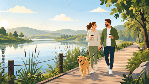 Outdoor Lifestyle Flat Illustration of Couple Walking A Dog On A Quiet Lakeside Boardwalk
