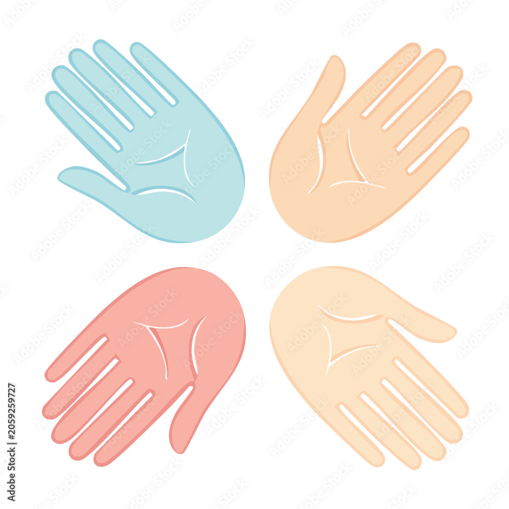 Obraz premium Four Colorful Hands in Flat Design