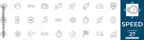 Photos Speed line icon set featuring fast, performance, acceleration, quick, velocity, rapid, and booster