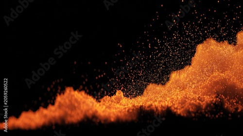 Bright orange particulate matter drifts upward against a deep black background