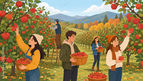 Outdoor Lifestyle Flat Illustration of Group Picking Apples In An Autumn Orchard