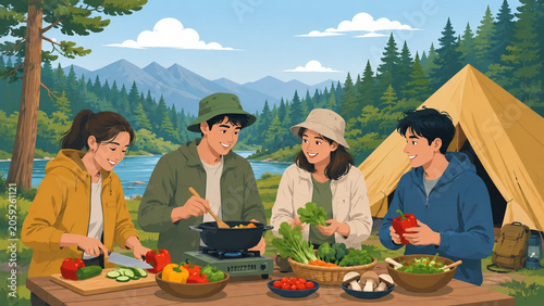 Outdoor Lifestyle Flat Illustration of Friends Cooking Vegetables At A Campsite Table