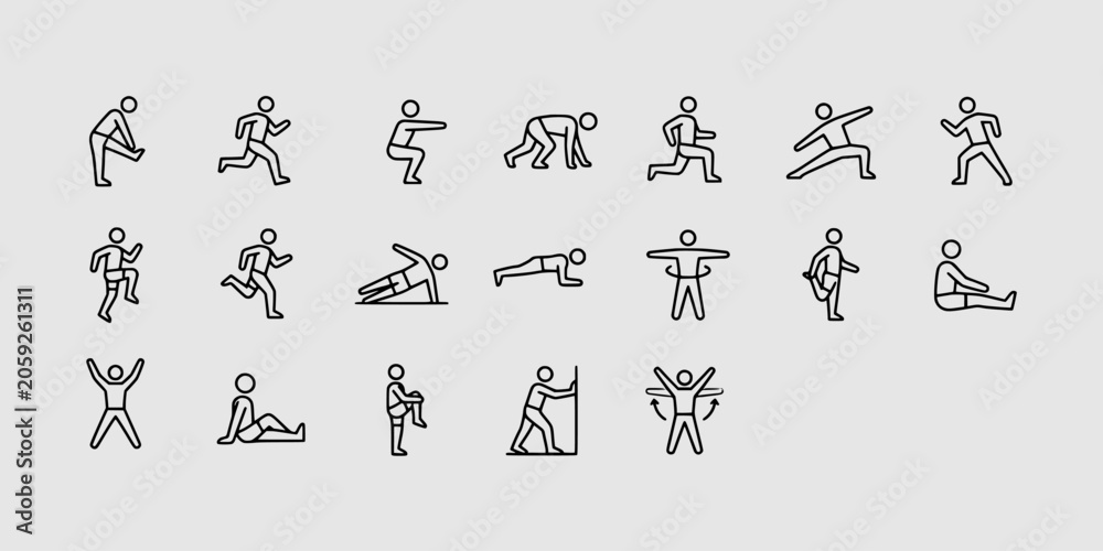 Naklejka premium Icon set collection of athletic warm-up exercises, stretching routines, and fitness training poses for sports and wellness graphic designs.